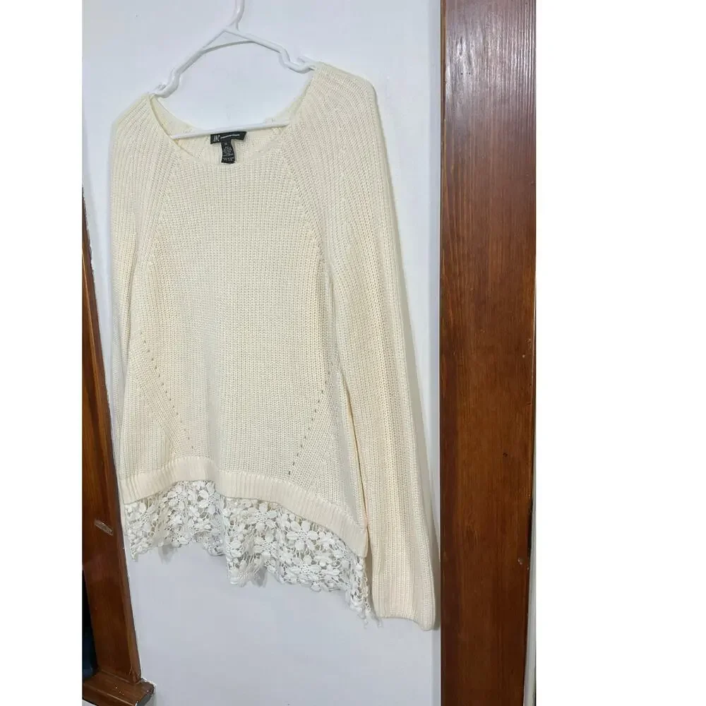 INC Women’s Cream Lace Trim Knit Sweater Size XL Wool Blend Stretch